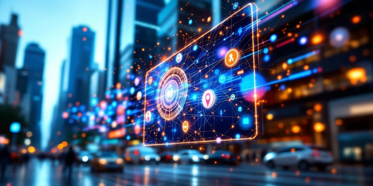 digitale-dooh-targeting-billboard-data-visualisatie.jpg Moderne digitale billboard met kleurrijke datastromen en doelgroep-iconen in stedelijke omgeving voor DOOH-advertising