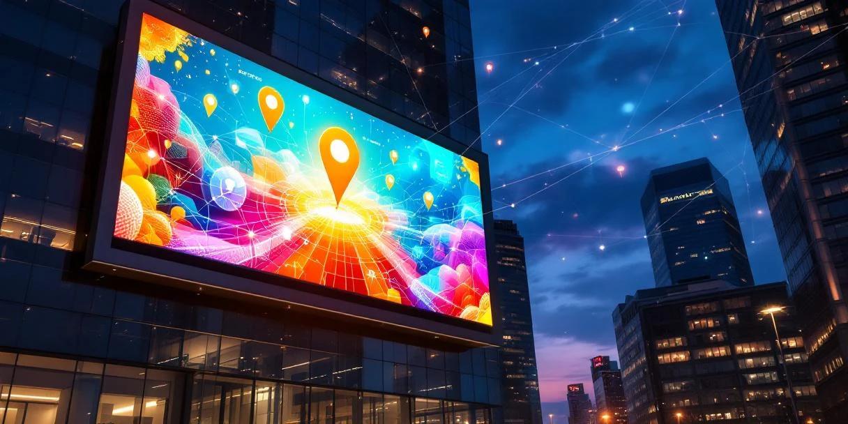 Digitaal LED-billboard met kleurrijke advertenties op modern gebouw tegen stadsgezicht bij schemering