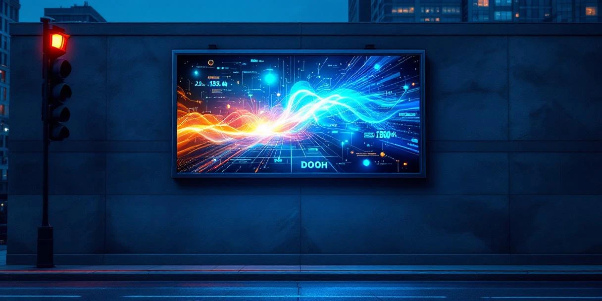 Moderne digitale billboard met kleurrijke animaties op gebouwgevel tegen stedelijke skyline bij schemering