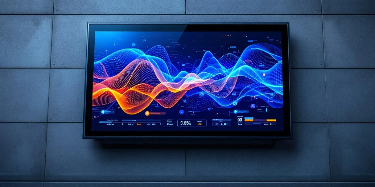 dooh-frequency-capping-billboard-display-technologie.jpg Digitaal reclamebord toont frequentiegolven en datavisualisatie in blauw-oranje gradiënten op moderne stadsmuur