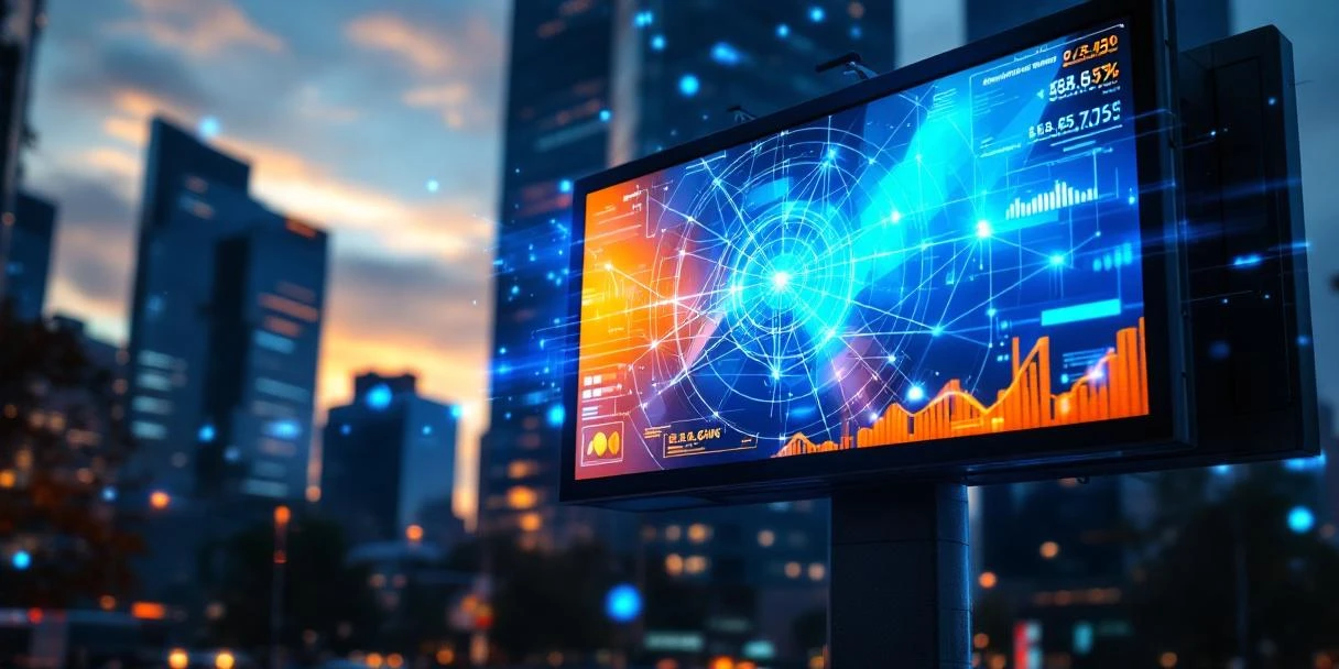 Digitaal billboard met holografische targeting-overlays en datavisualisatie in moderne stadssetting bij schemering