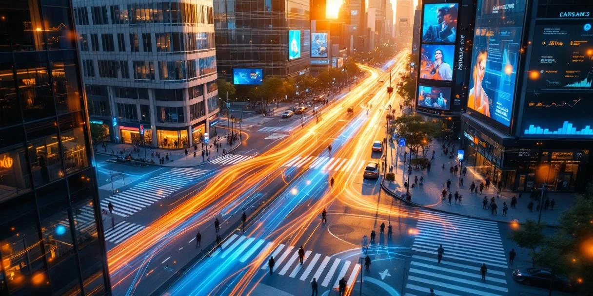 Luchtfoto van stedelijk kruispunt met digitale billboards en data-overlays die voetgangersstromen visualiseren tijdens gouden uur