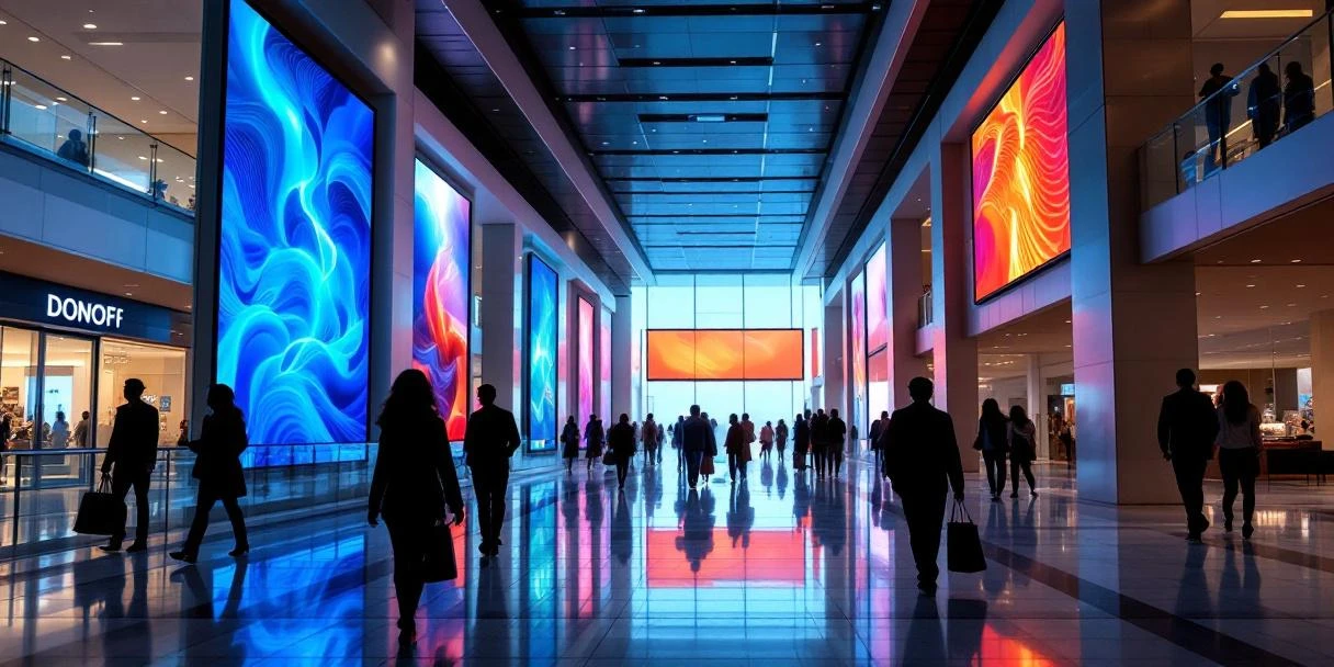 dooh-digital-reclame-winkelcentrum-displays.jpg Modern winkelcentrum interieur met grote digitale reclameschermen op muren en zuilen, winkelende mensen lopen door heldere ruimte