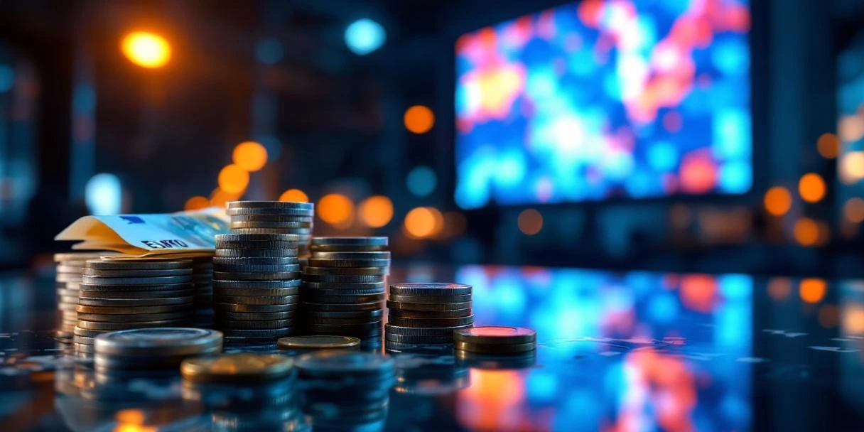 Gestapelde eurobiljetten en munten op glas met verlichte digitale billboard op achtergrond, DOOH advertentiekosten concept