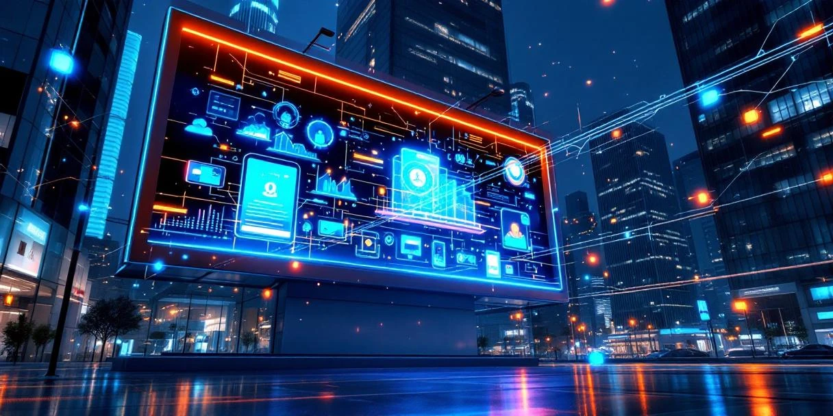 dooh-programmatic-advertising-billboard-targeting.jpg Futuristisch digitaal reclamebord met data-visualisaties en neonlichtstralen in stedelijke nachtscène