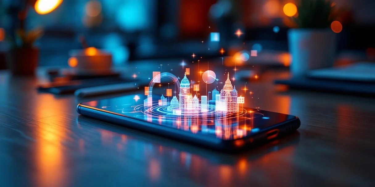 smartphone-advertenties-amsterdam-bureau-targeting.jpg Smartphone met holografische advertentie-elementen op Nederlands bureau, Amsterdamse grachten op achtergrond