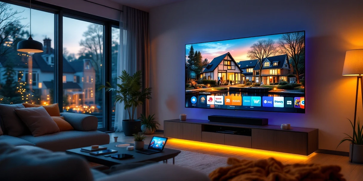 Smart TV toont verschillende content op gesplitste schermen in moderne Nederlandse woonkamer met tablets en smartphones op tafel