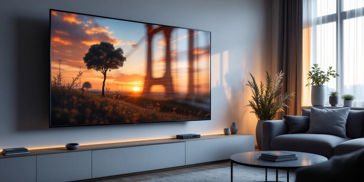 Moderne Nederlandse woonkamer met grote smart TV aan muur die verschillende content toont, afstandsbediening op salontafel