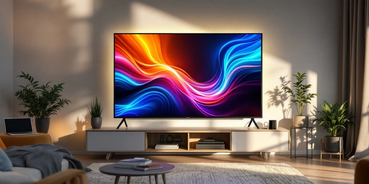 Moderne smart TV met Connected TV interface in Nederlandse woonkamer met minimalistische inrichting en zakelijke elementen