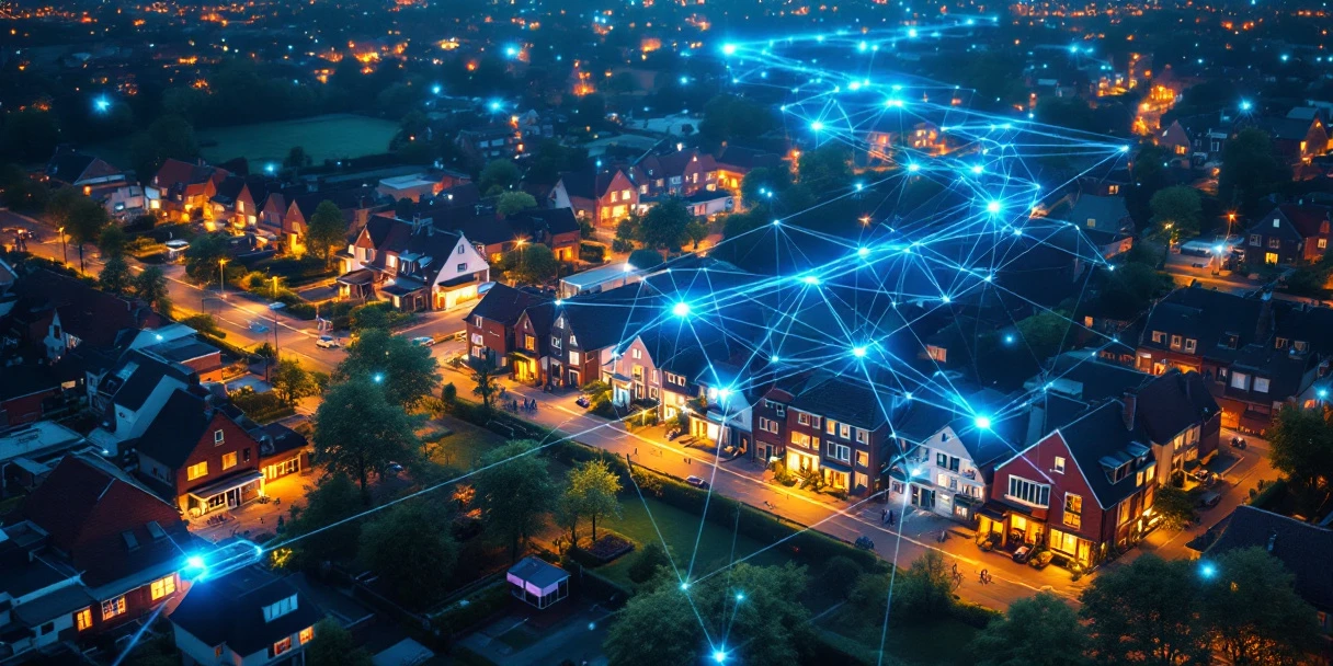 Luchtfoto Nederlandse woonwijk met digitale verbindingslijnen en hologrammen die Connected TV targeting symboliseren