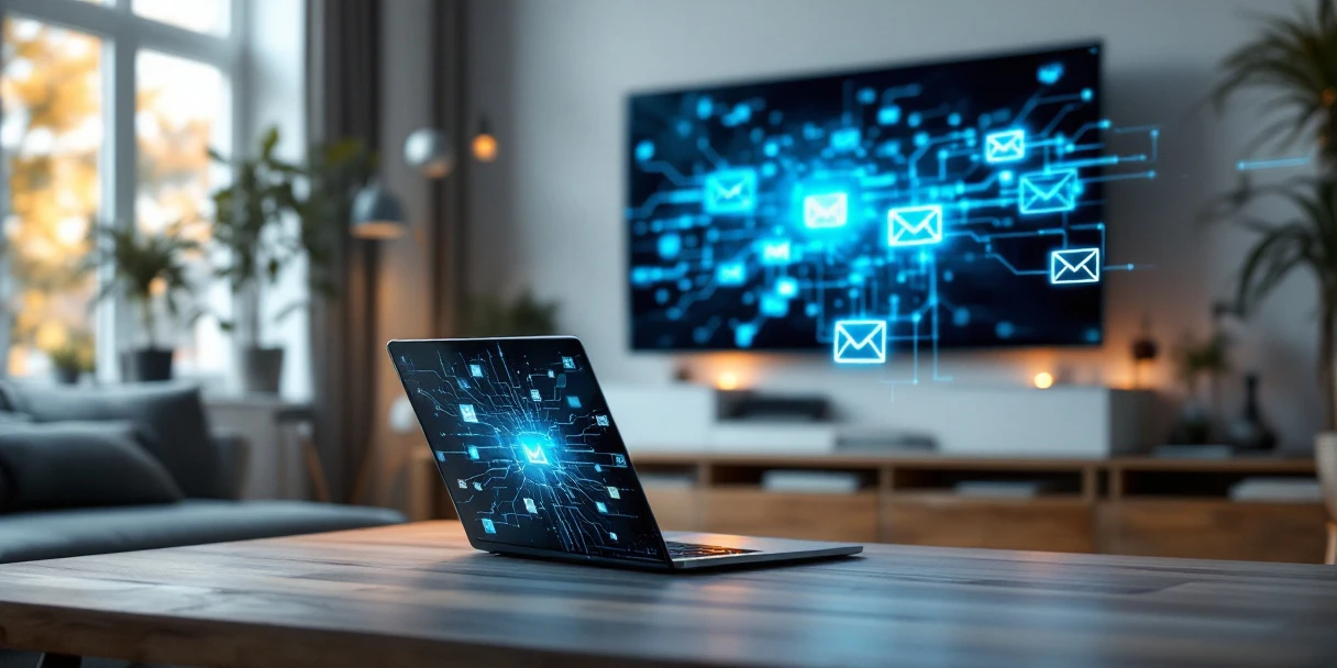 smart-tv-laptop-verbinding-nederlandse-woonkamer.jpg Moderne Nederlandse woonkamer met smart TV en laptop die digitale verbindingen tonen via netwerkpatronen en email-iconen