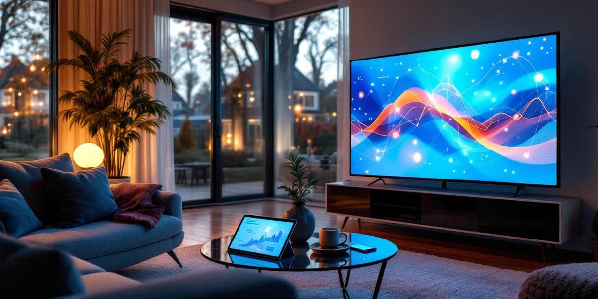 Moderne Nederlandse woonkamer met TV die data-visualisaties in blauw en oranje toont, tablet en smartphone op salontafel