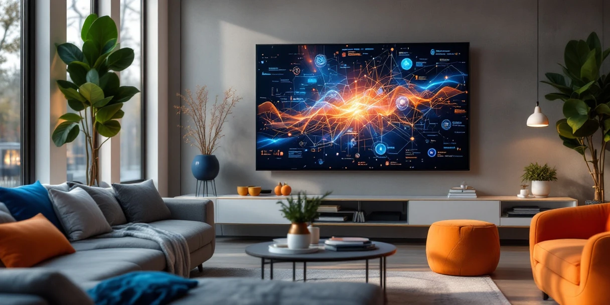 smart-tv-nederlandse-woonkamer-data-visualisatie.jpg Moderne Nederlandse woonkamer met smart TV die kleurrijke datavisualisaties toont, omringd door connected devices