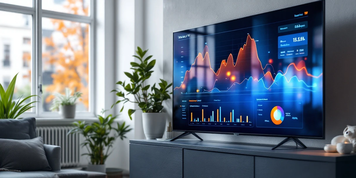 smart-tv-programmatic-advertising-nederland-woonkamer.jpg Moderne smart TV met data-visualisaties op Scandinavisch dressoir in Nederlandse woonkamer met natuurlijk licht