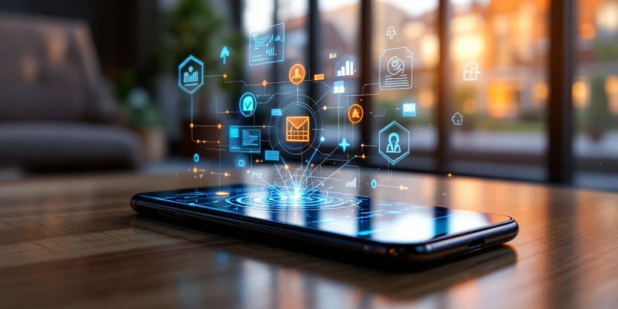 Moderne smartphone toont dynamische advertentie-interfaces in Nederlands kantoor met holografische data-visualisaties