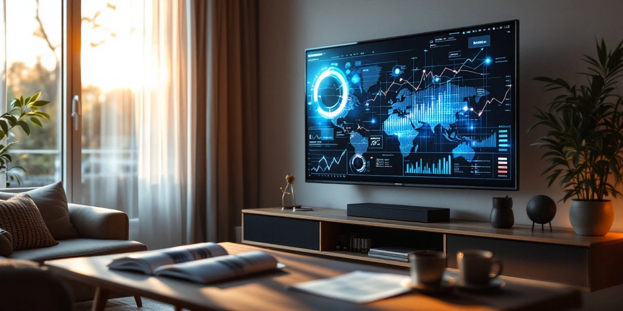 Nederlandse woonkamer met flatscreen TV die datavisualisaties toont, tijdschriften op tafel, digitale meetinstrumenten zweven rond TV