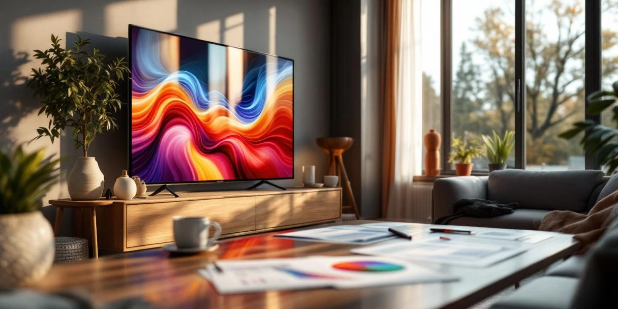 Moderne Nederlandse woonkamer met smart TV die advertentiedashboards toont, storyboards op salontafel, natuurlijk licht