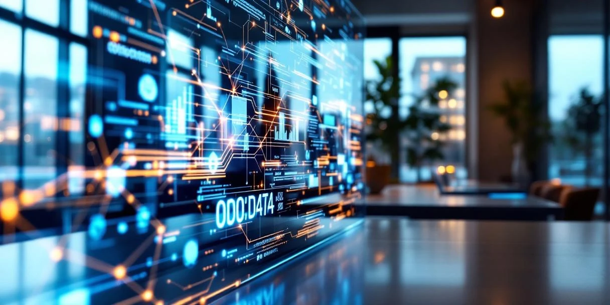 Transparant scherm toont data-connecties tussen Connected TV en externe bronnen in modern Nederlands kantoor