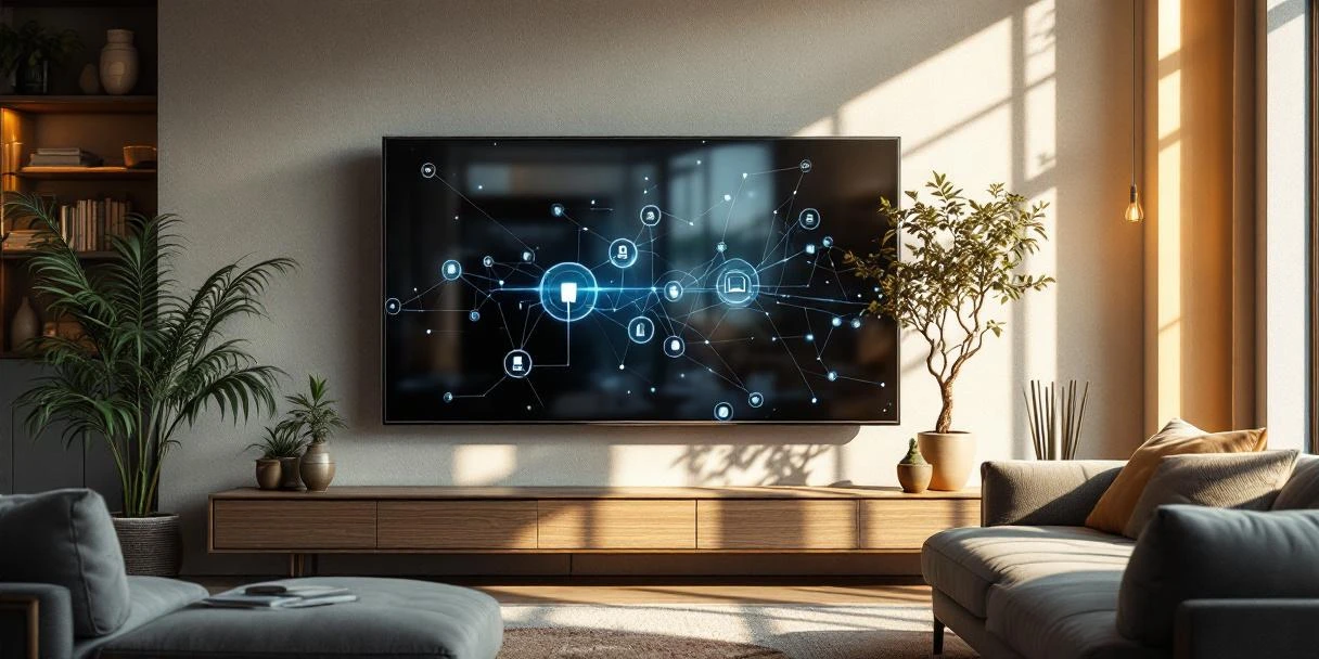 Smart TV met Connected TV-technologie op het scherm in moderne Nederlandse woonkamer met bakstenen muren en grote ramen