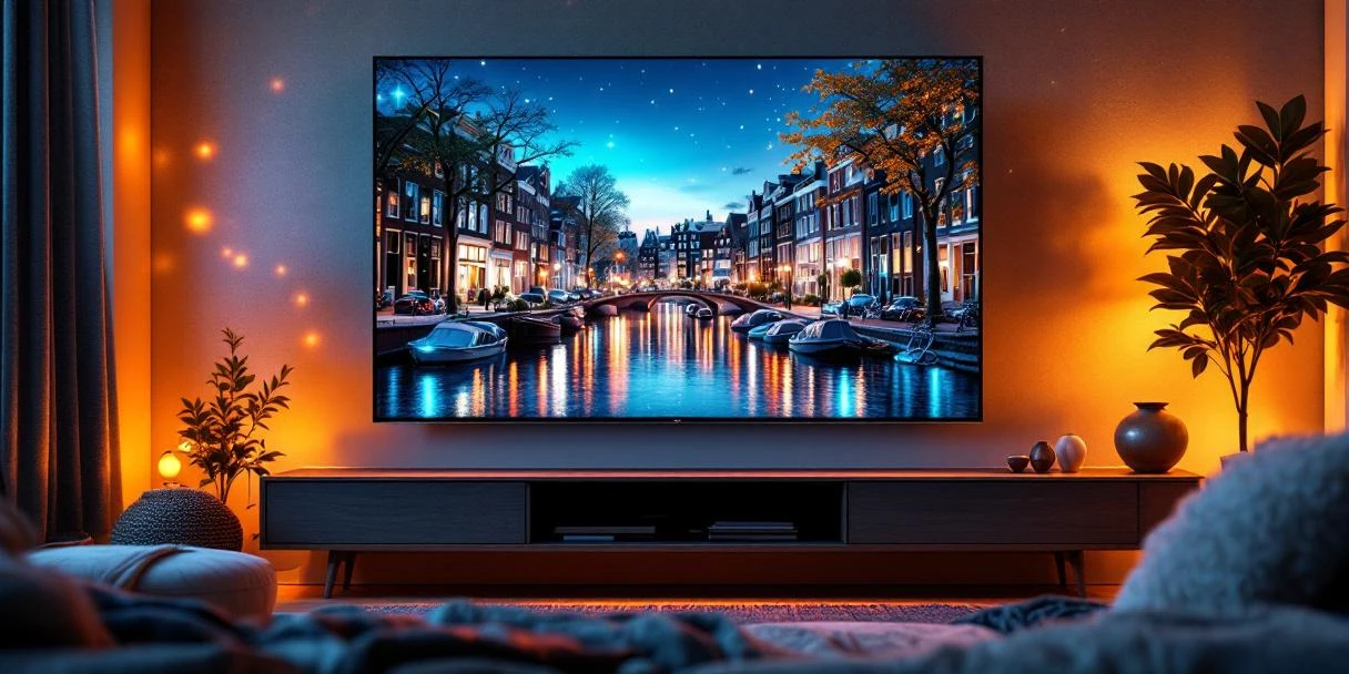 Smart TV toont Connected TV content in moderne Nederlandse woonkamer met grachtenhuizen uitzicht en programmatic advertising elementen