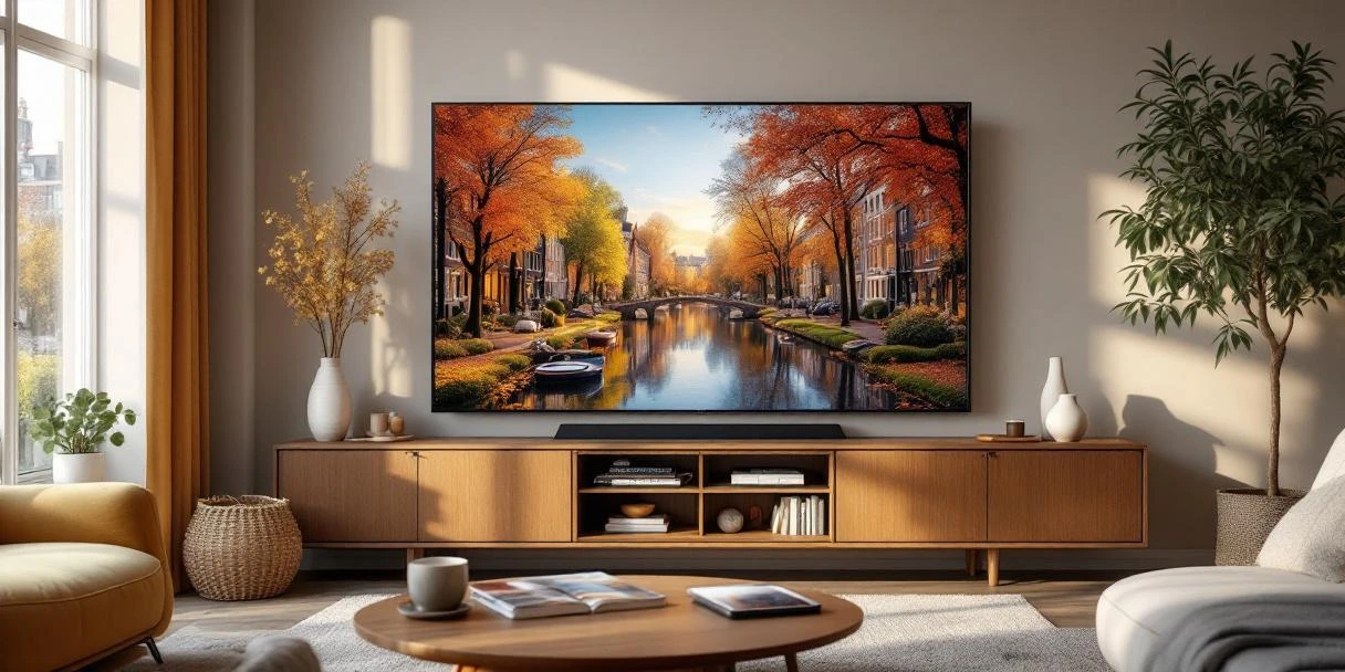 connected-tv-advertising-nederlandse-woonkamer-smart-tv.jpg Smart TV toont kleurrijke reclame in moderne Nederlandse woonkamer met grachtenuitzicht en design meubels