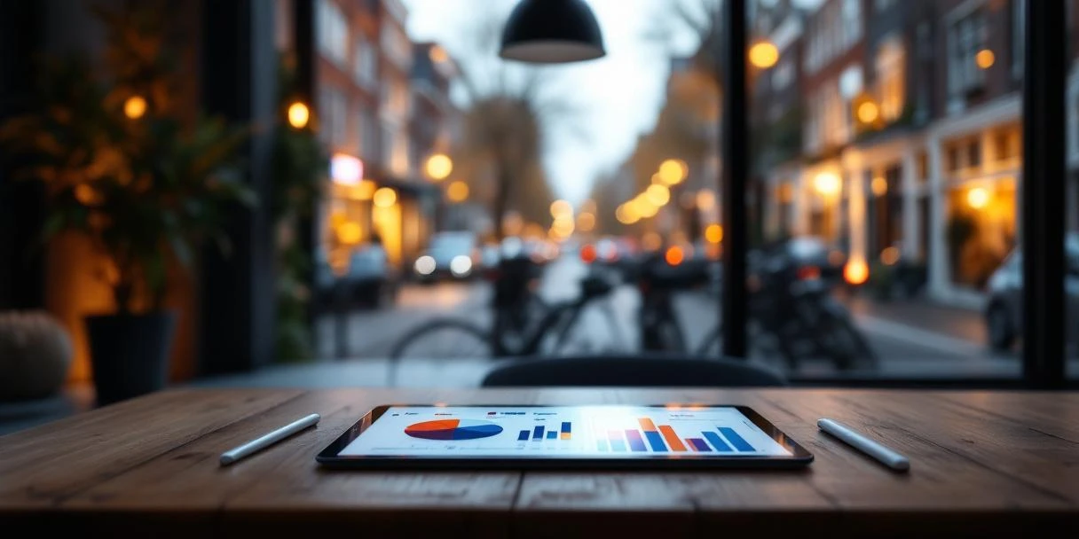 Tablet met kleurrijke datavisualisaties op houten bureau in modern Nederlands kantoor met uitzicht op grachtenhuizen