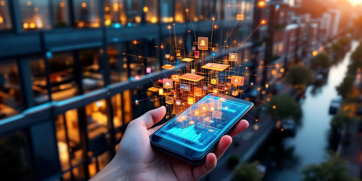 Smartphone toont mobiele advertentie-interface met digitale verbindingslijnen naar modern kantoorgebouw in Amsterdam