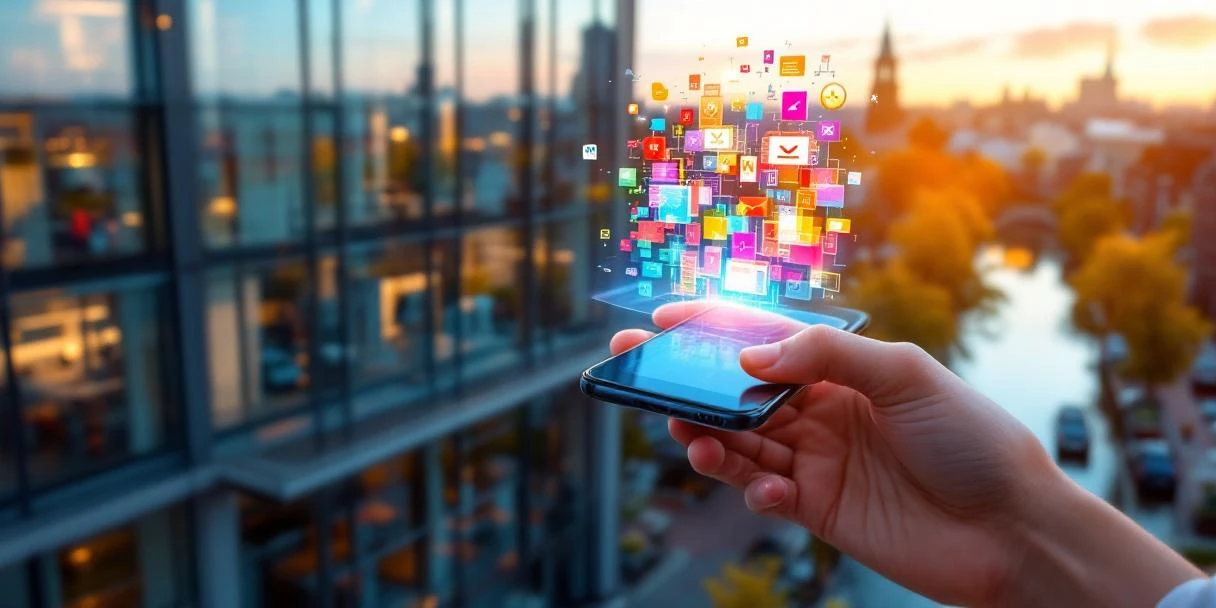 mobile-advertising-amsterdam-kantoor-innovatie.jpg Smartphone met holografische reclame boven modern kantoorgebouw in Amsterdam met traditionele grachtenhuizen