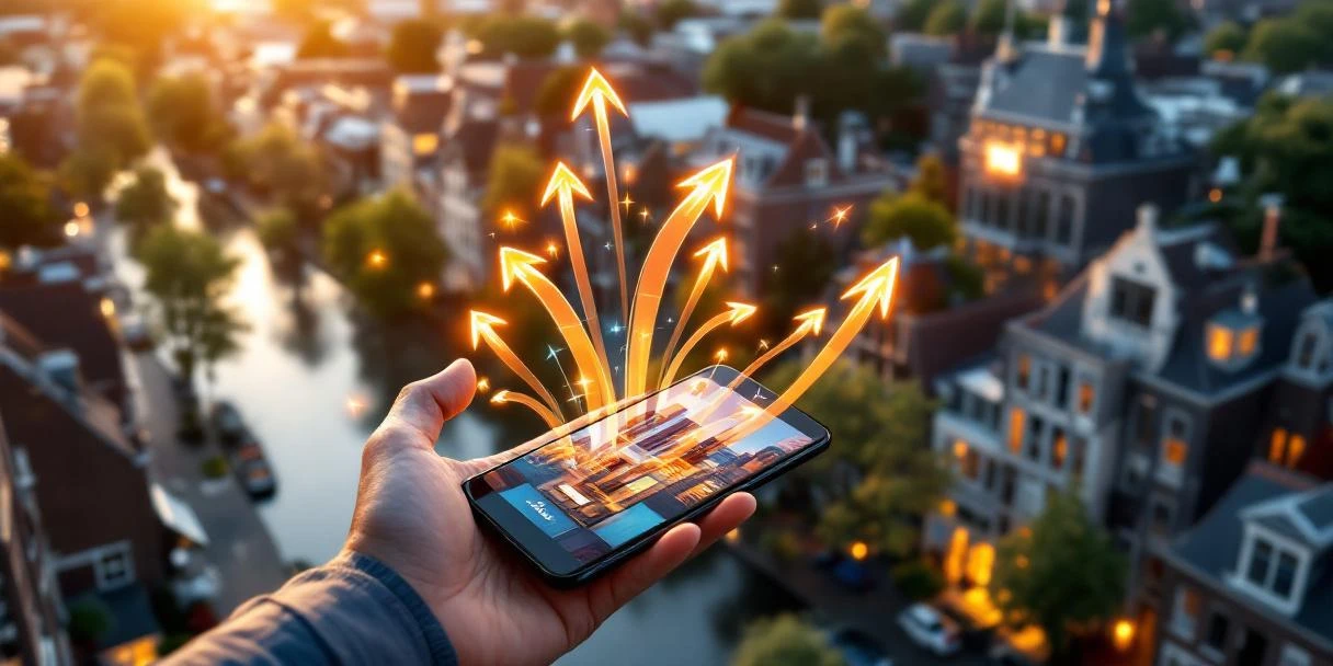 Smartphone toont mobiele advertentie met conversie-pijlen naar Amsterdamse grachtenhuizen en kantoorgebouwen tijdens gouden uur