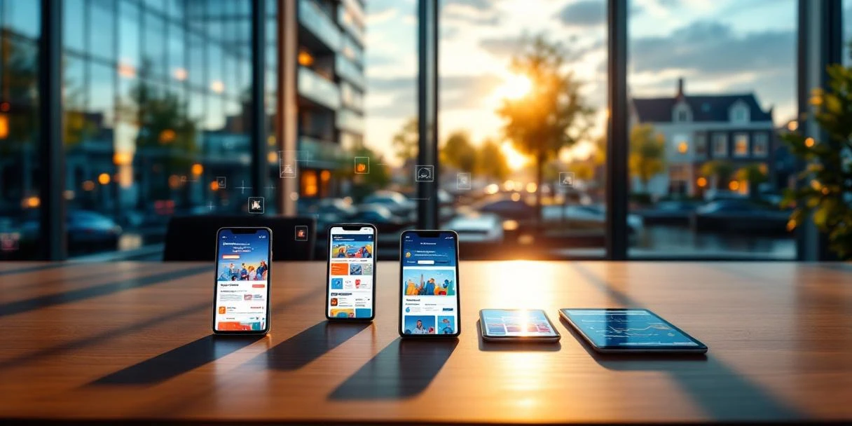 mobiele-werving-nederland-kantoor-smartphones.jpg Smartphones en tablets met vacature-advertenties op houten bureau, moderne kantoorgebouw Amsterdam op achtergrond