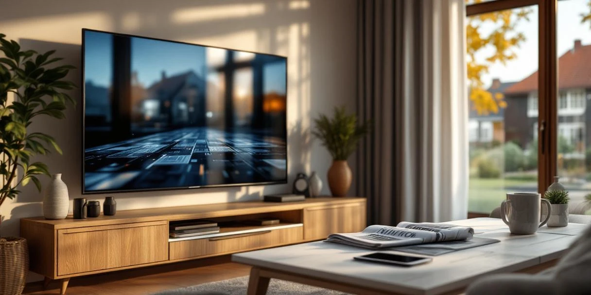 Moderne Nederlandse woonkamer met flatscreen TV, kranten en tablets op salontafel, uitzicht op rode dakpannen