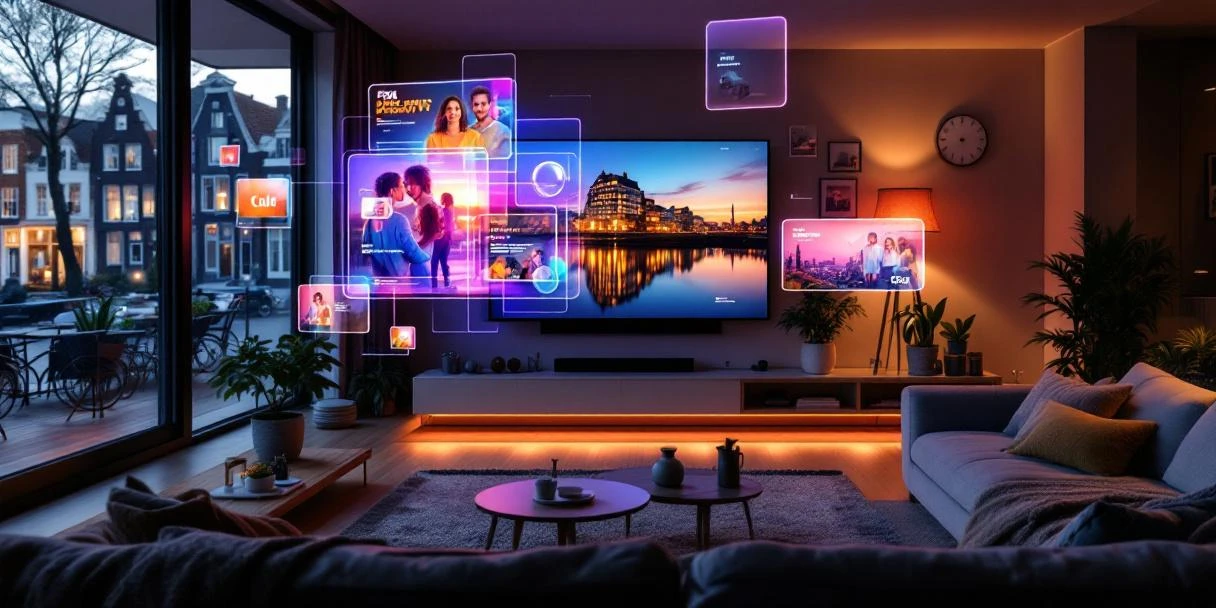 Moderne Nederlandse woonkamer met smart TV die interactieve reclame-content toont, Amsterdamse grachtenhuizen op achtergrond