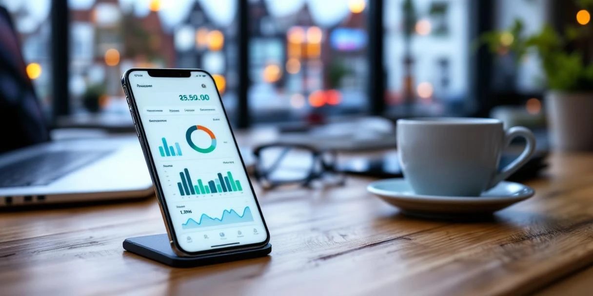 Smartphone met kleurrijk dashboard vol grafieken en statistieken op houten bureau in Nederlands kantoor met laptops