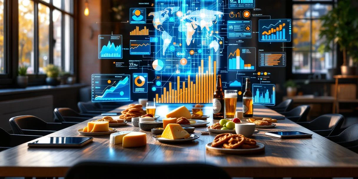 food-marketing-analytics-dutch-products-office.jpg Holografische datavisualisatie boven conferentietafel met Nederlandse voedselmonsters en tablets in modern Amsterdams kantoor