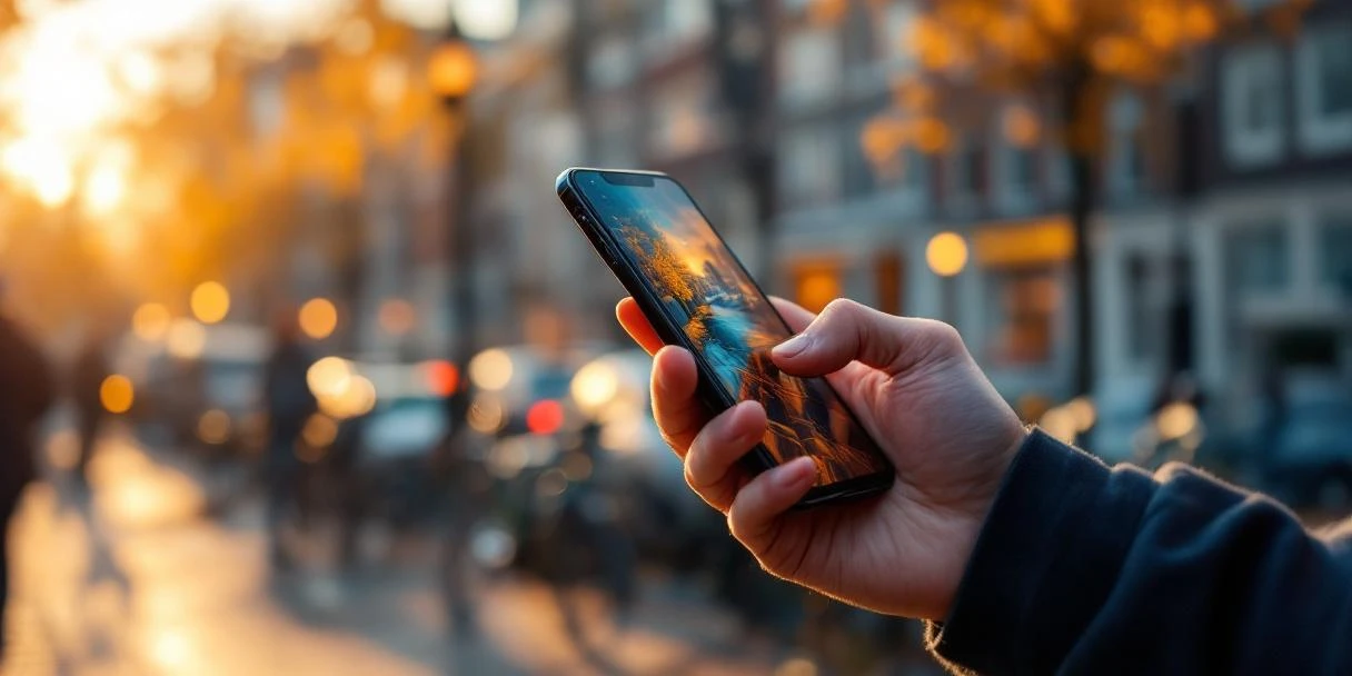 Smartphone met kleurrijke display advertenties in hand, Nederlandse grachtenhuizen op achtergrond