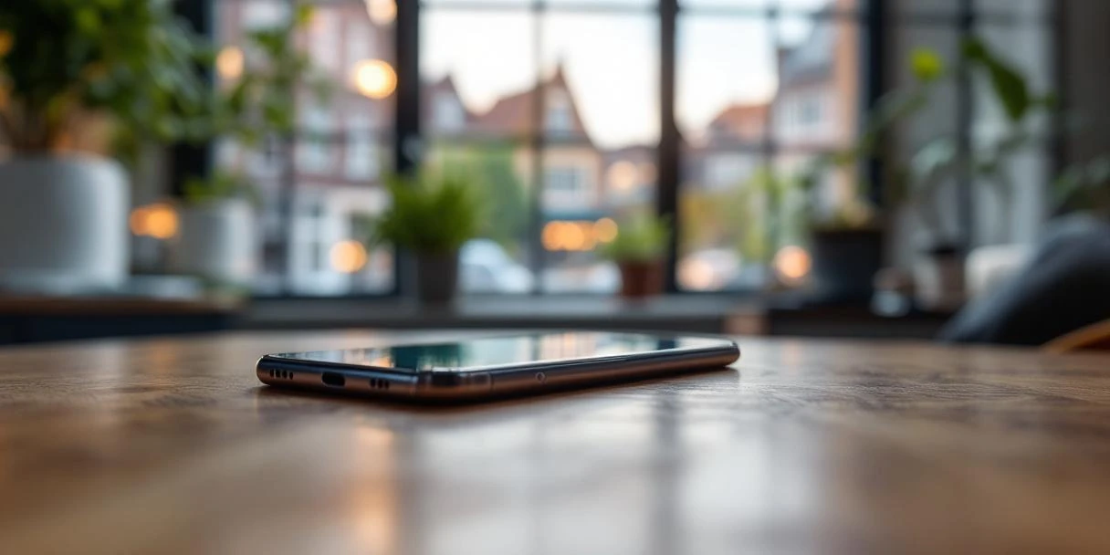 Smartphone met Nederlandse display advertenties op houten bureau met digitale targeting-iconen en Nederlandse architectuur op achtergrond