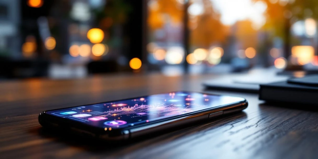 Moderne smartphone met kleurrijke display-advertenties op kantoorbureau, Amsterdam grachtenhuizen op achtergrond