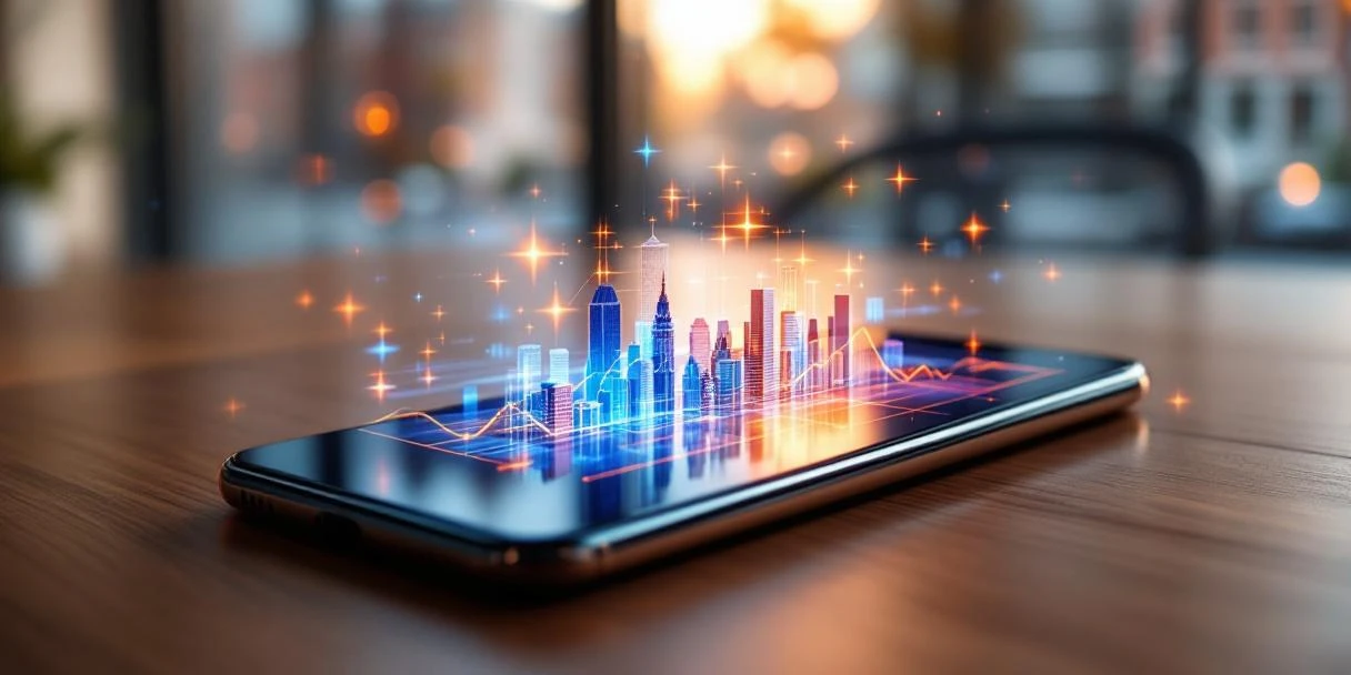 Moderne smartphone op houten bureau met holografische advertentie-elementen en Amsterdam grachtenhuizen op achtergrond