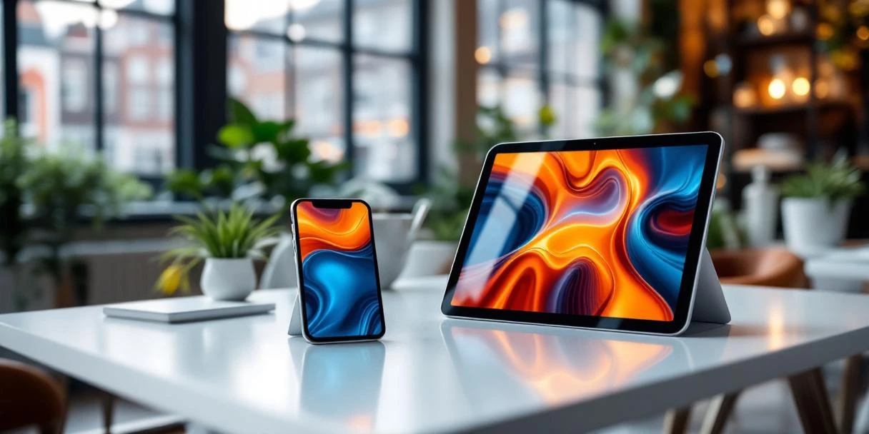 mobile-advertising-smartphones-tablets-kantoor.jpg Smartphones en tablets met responsieve display advertenties op wit bureau in Nederlands kantoor met natuurlijk licht