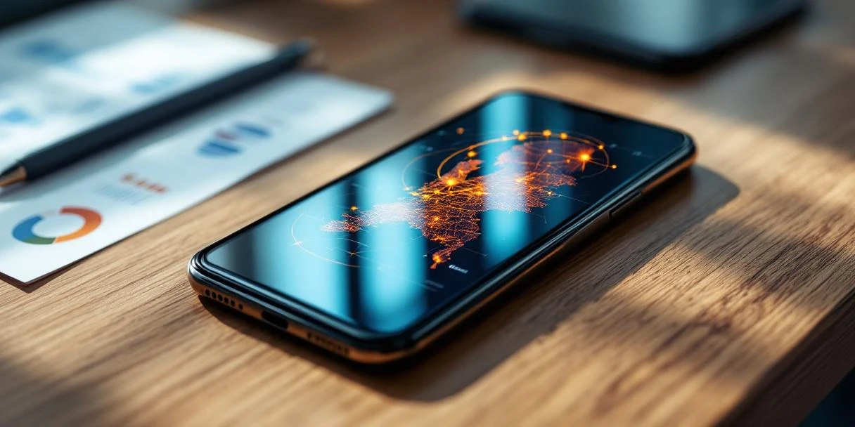 Smartphone op houten bureau toont kleurrijke targeting-cirkels en Nederlandse kaartfragmenten voor mobile advertising