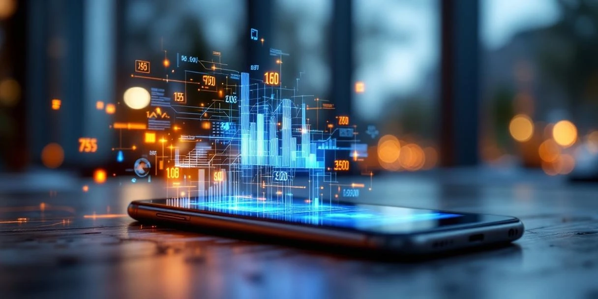 programmatische-advertenties-smartphone-kantoor-amsterdam.jpg Smartphone op kantoorbureau toont digitale advertentie met holografische biedingsdata, Amsterdam grachten op achtergrond