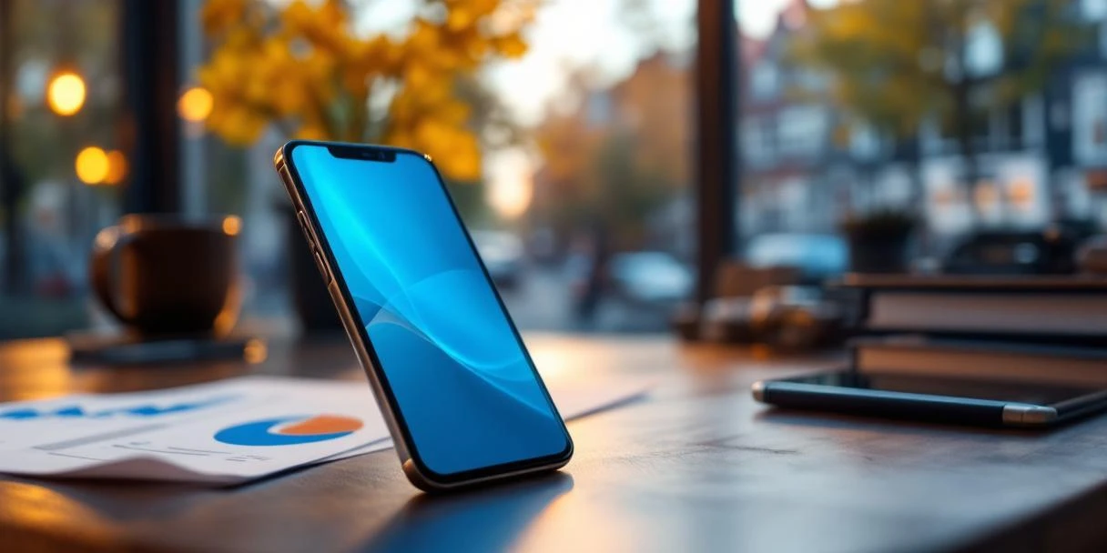 Smartphone met kleurrijke display advertentie op bureau in Amsterdam kantoor met grachtenhuizen zichtbaar door raam