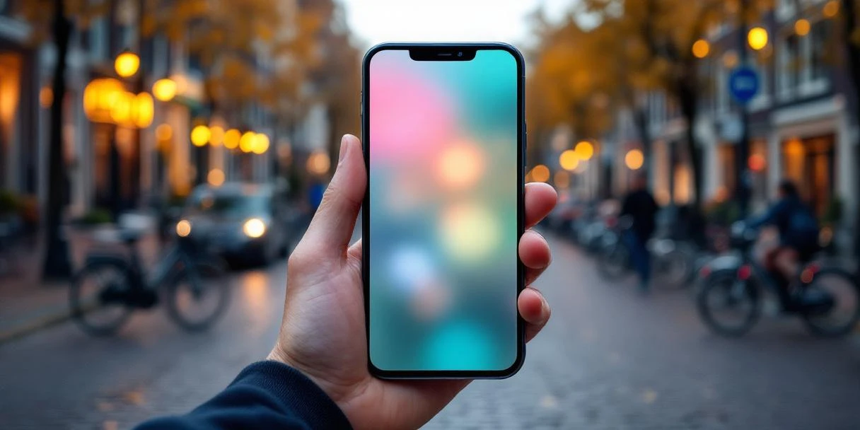 Smartphone met kleurrijke advertenties in hand, Amsterdamse grachtenhuizen en fietsen op achtergrond