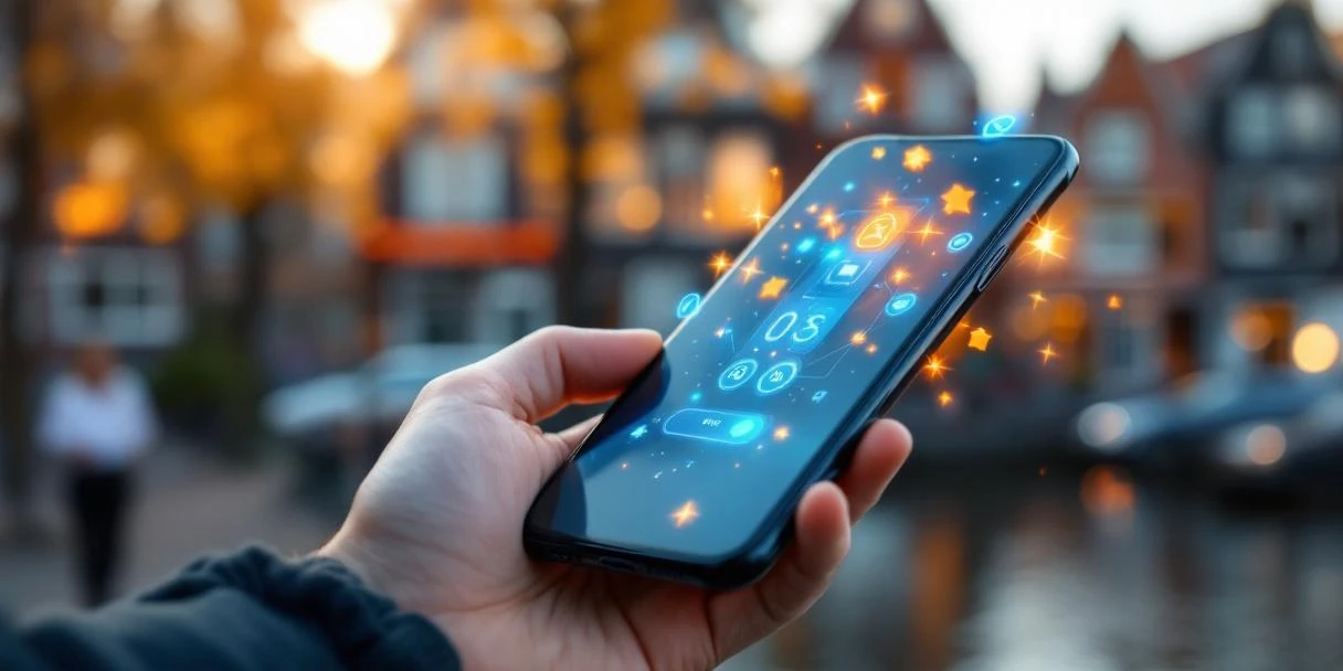 gamified-advertenties-smartphone-nederland-marketing.jpg Smartphone met zwevende gamified advertenties en interactieve elementen, Nederlandse grachtenhuizen op achtergrond