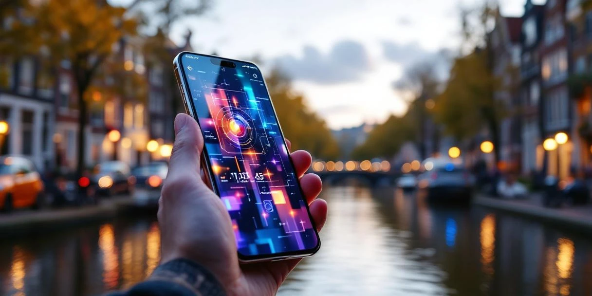 Moderne smartphone met kleurrijke advertenties zweeft boven Amsterdamse gracht met historische grachtenpanden op achtergrond