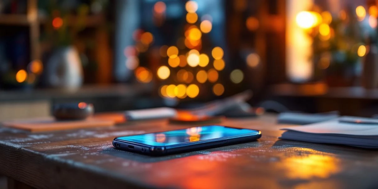 mobile-advertising-seizoenscampagne-smartphone-nederland.jpg Smartphone met kleurrijke seizoenscampagne op houten bureau in Nederlands kantoor met architectuur op achtergrond