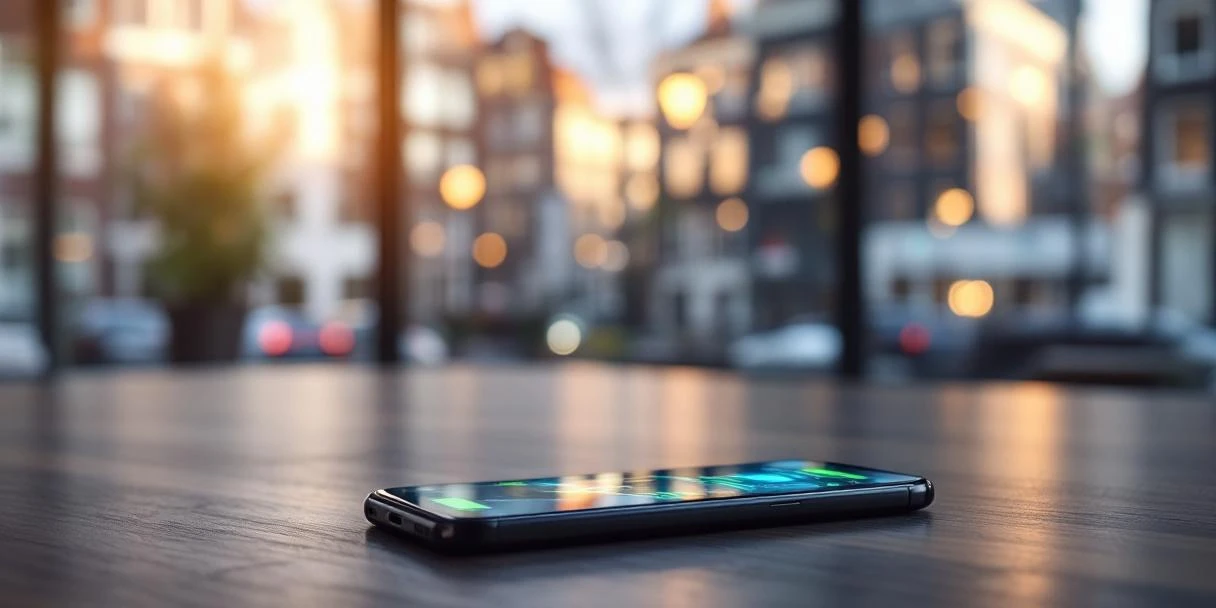 Moderne smartphone op bureau toont snelheidsindicatoren met Amsterdam kanalen op achtergrond, digitale elementen zwevend