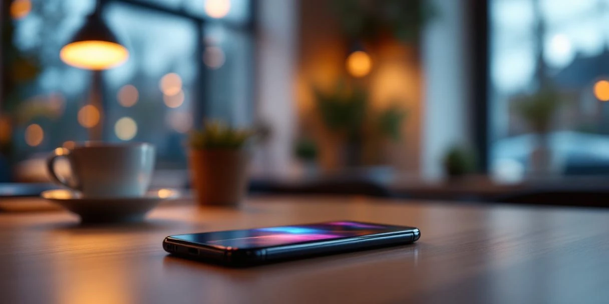 smartphone-video-advertising-nederland-kantoor.jpg Moderne smartphone met kleurrijke video-advertenties op scherm, op bureau met koffiekop in Nederlandse kantooromgeving