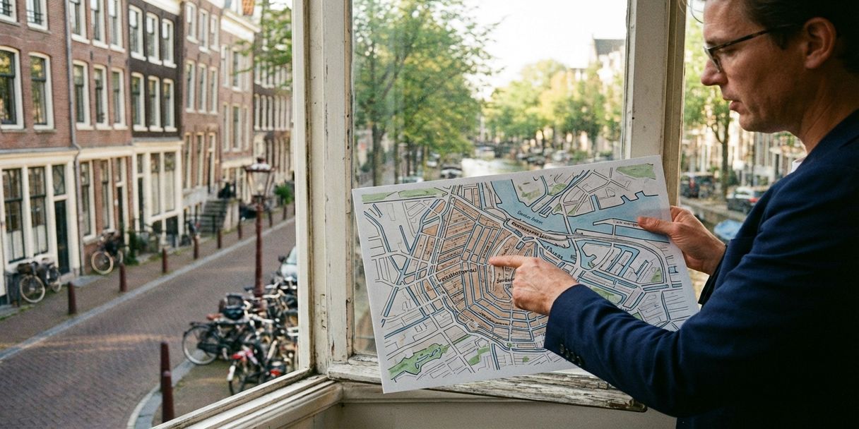 Professional wijst naar straten op gedetailleerde buurtkaart van Amsterdam, staand voor raam met uitzicht op typische Nederlandse huizen