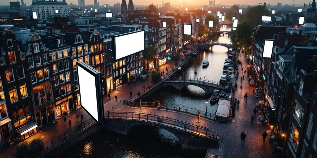 Luchtfoto van Amsterdam centrum met traditionele grachtenhuizen en zwevende digitale reclameborden bij gouden uurtje